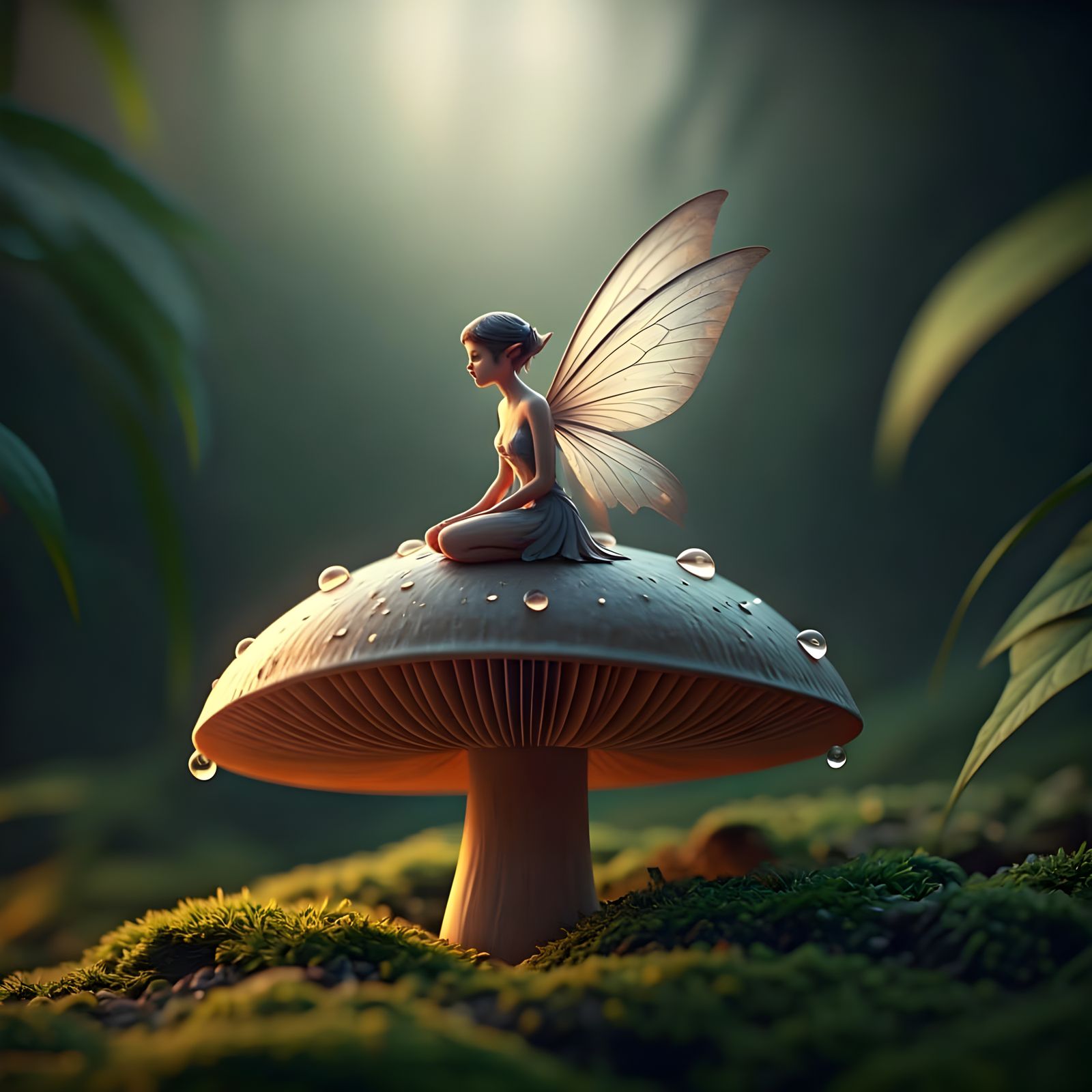 Whimsical Fairy Perched on Morning Dew-Kissed Mushroom