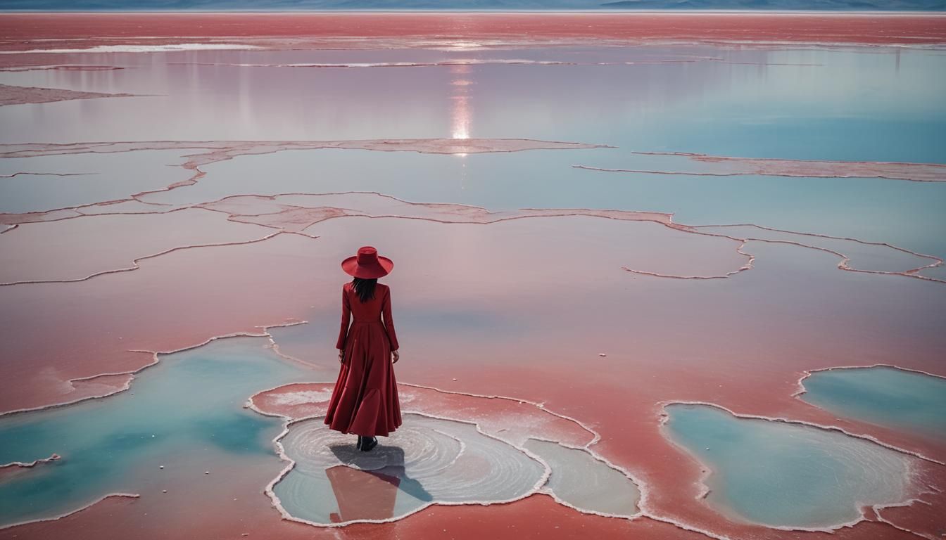 Woman in Red Dress on Salt Flats: Splash Art