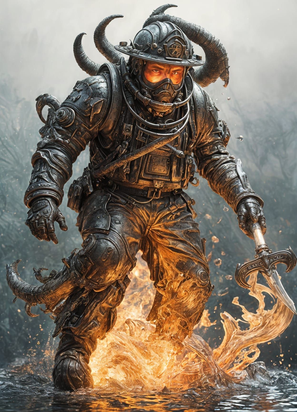 Firefighter Battling Fire Demon in Art Nouveau Style