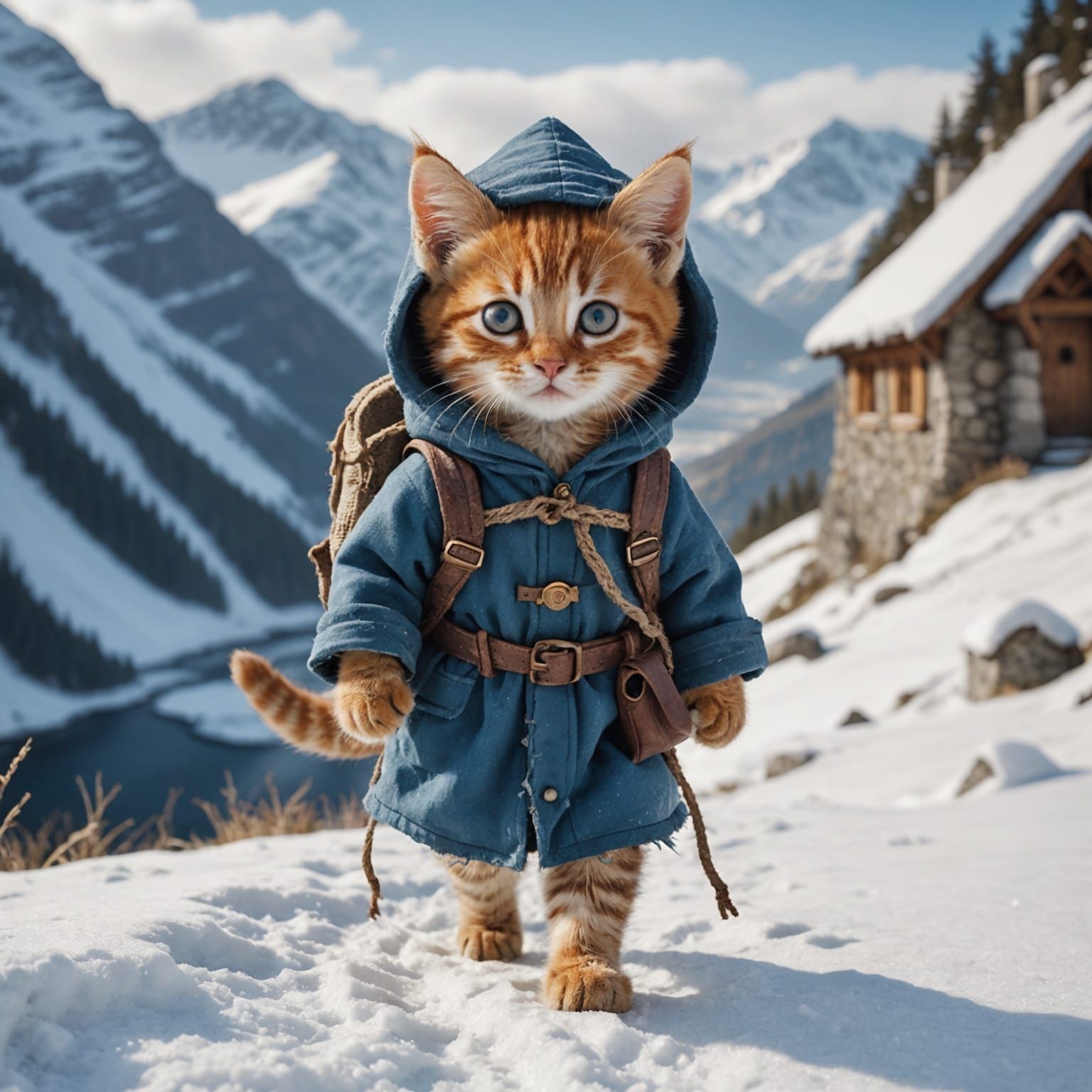 Kitten's Winter Journey in a Detailed Matte Painting