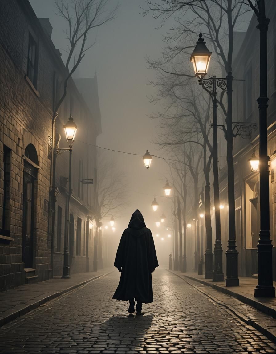 Mysterious Figure on Foggy Gaslit Street