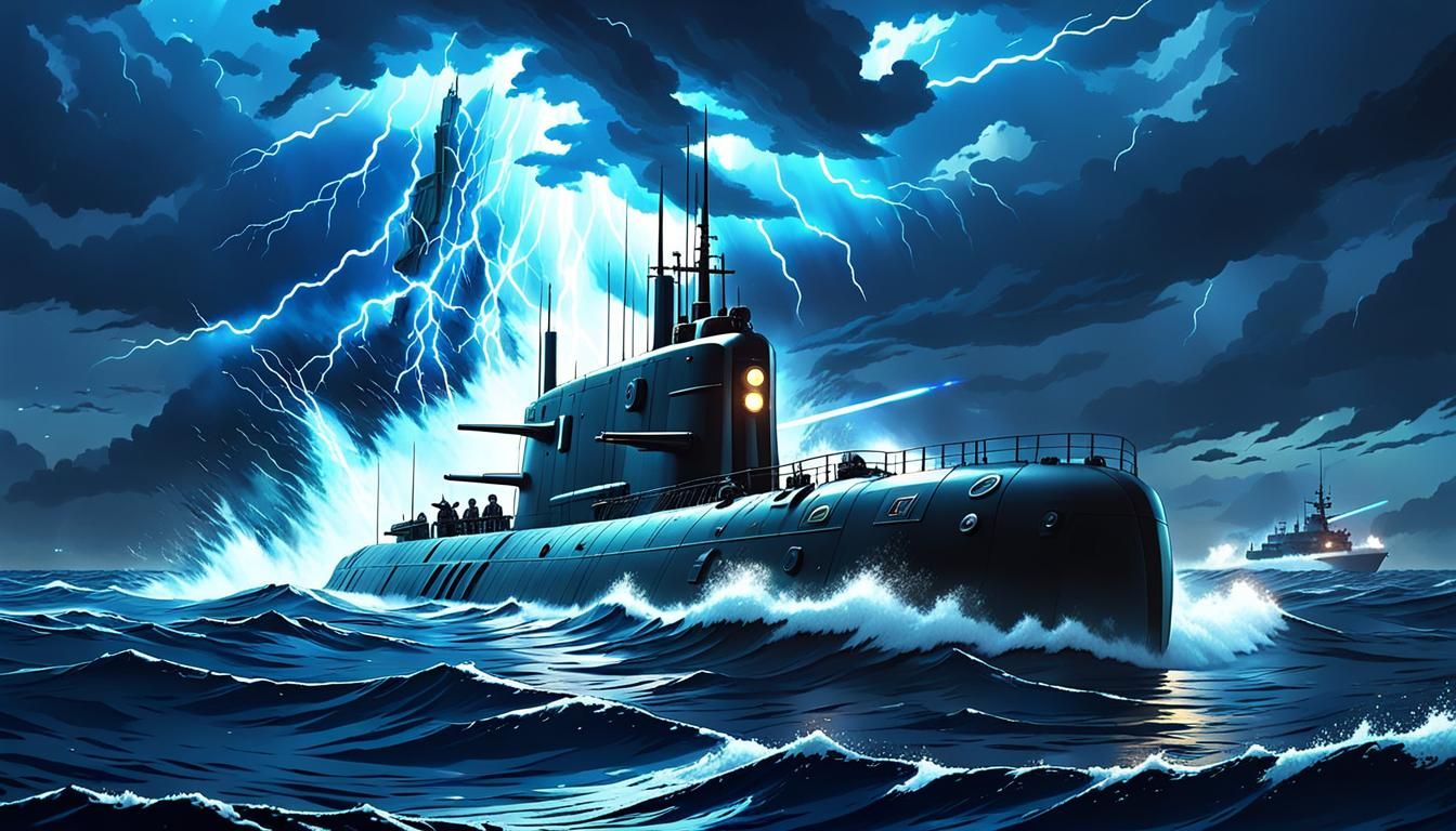 Anime Submarine Sails Raging Ocean in Electric Storm
