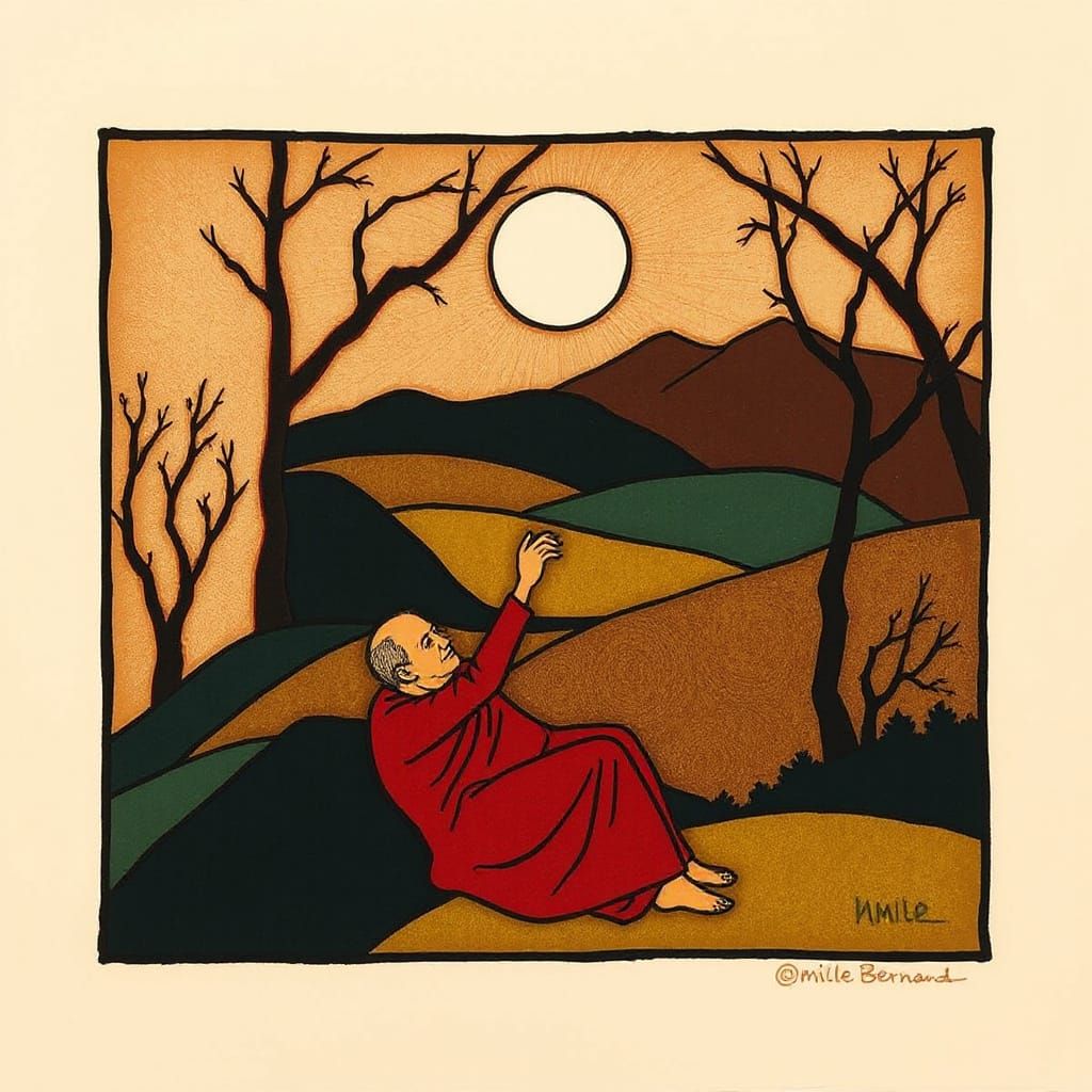 Contemplative Figure in Symbolic Setting: Modernist Style