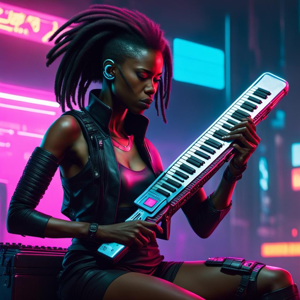 Black Woman Plays Keytar in Cyberpunk Neon Style