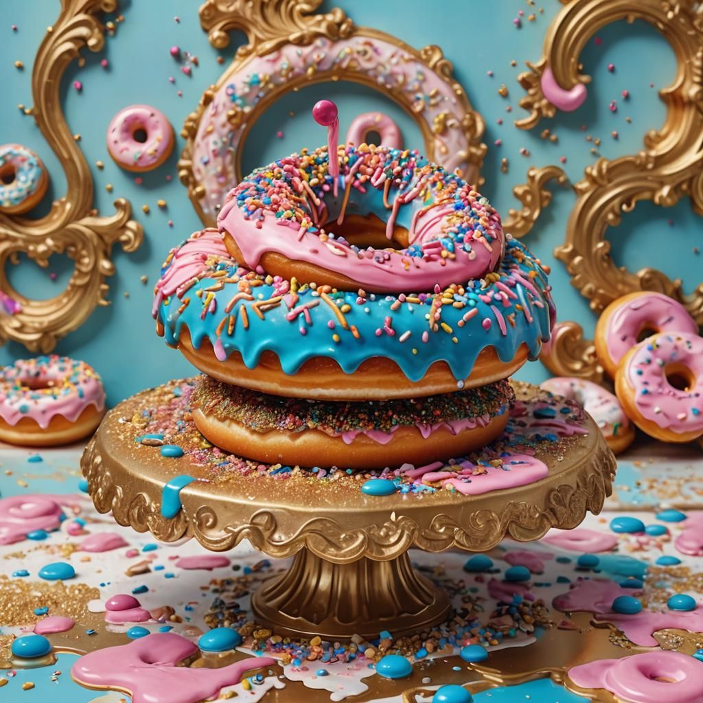 Donut Cake on Golden Pedestal, Vibrant Oil Painting