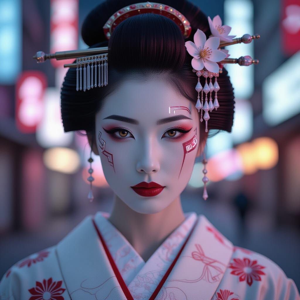 Cyberpunk Geisha Samurai in Neon Digital Japan