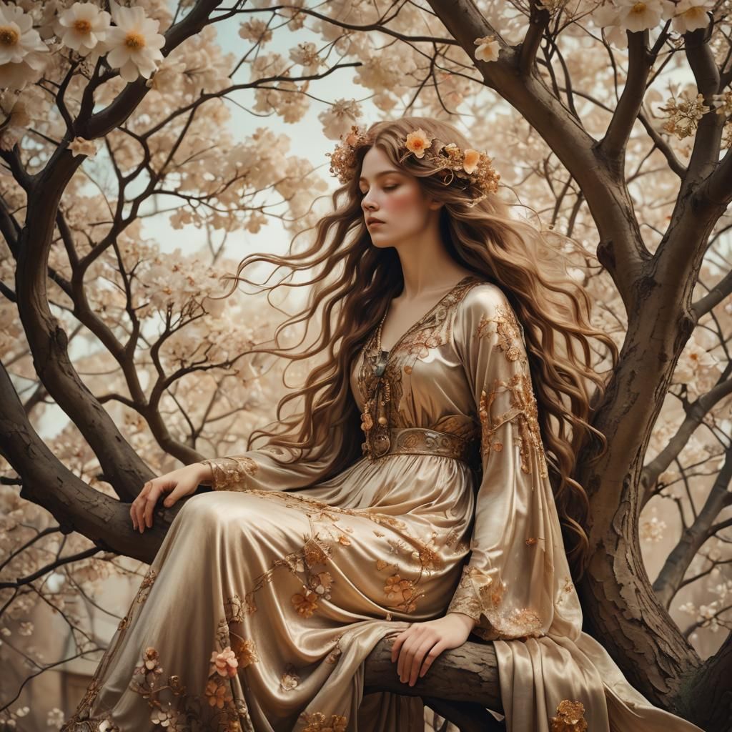 Art Nouveau Woman on Branch in Bloom