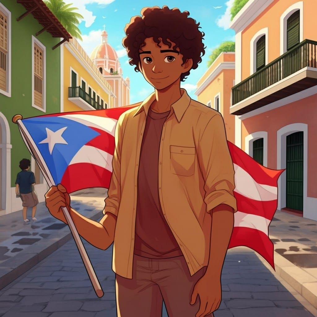 Puerto Rican Boy with Flag in Anime Style