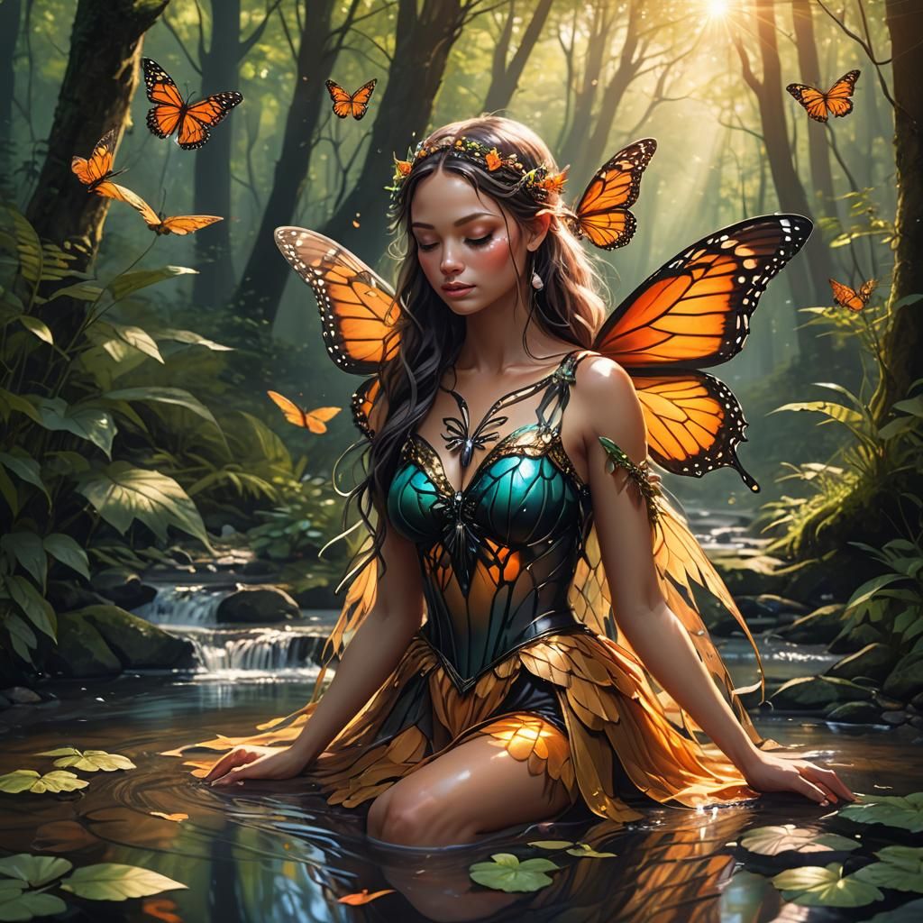 Magical Fairy with Butterfly Wings in Forest