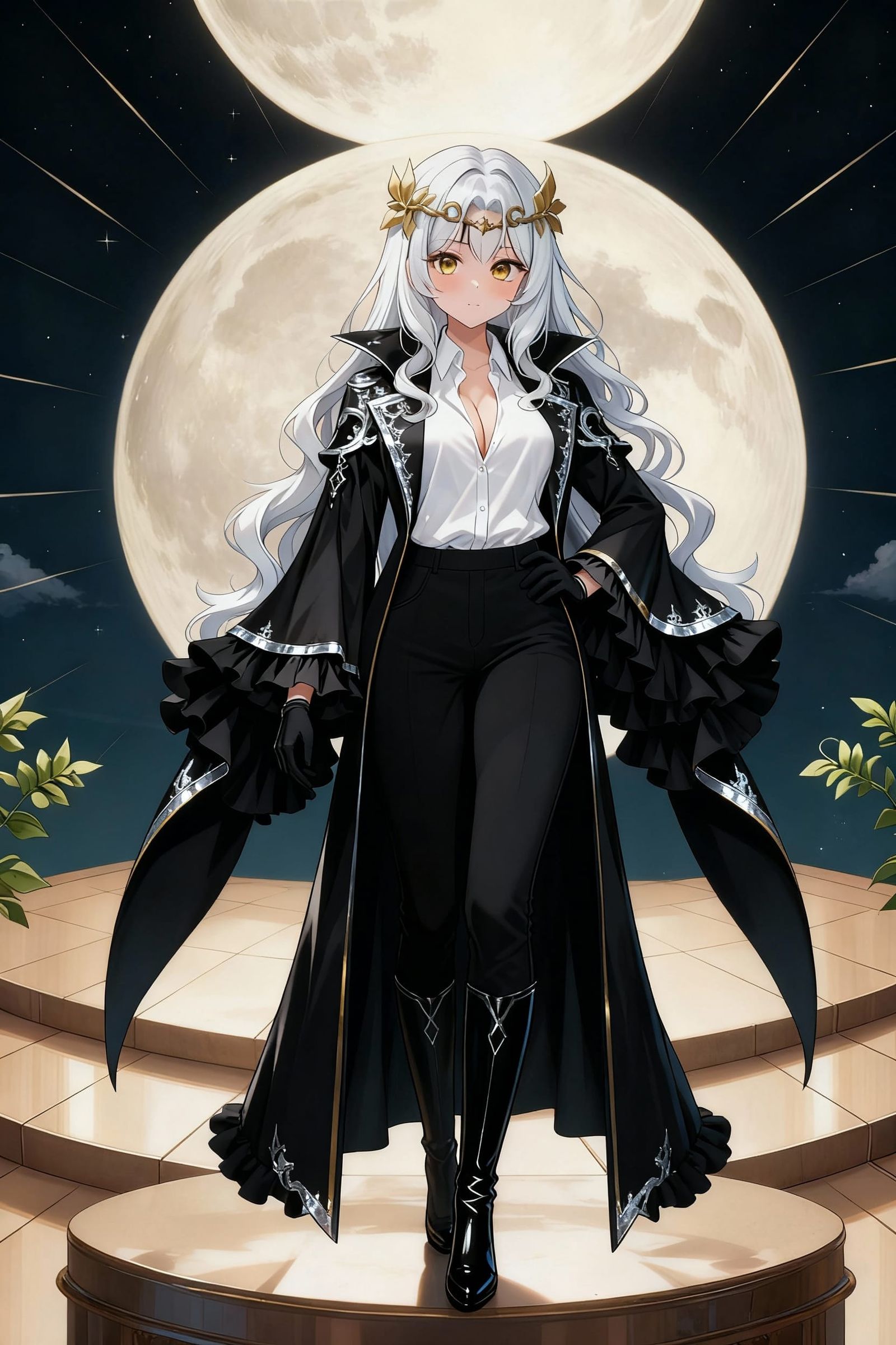 Gothic Angelic Figure with White Hair and Moon