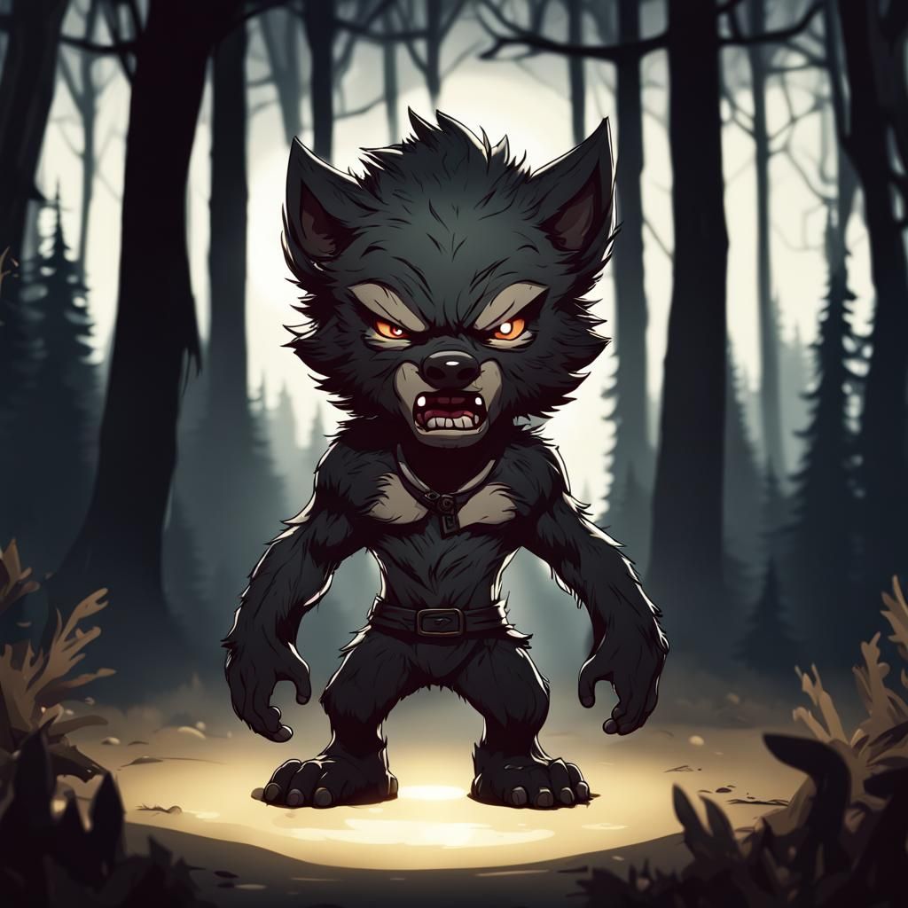 Aggressive Chibi Werewolf in Dark Forest, 8K