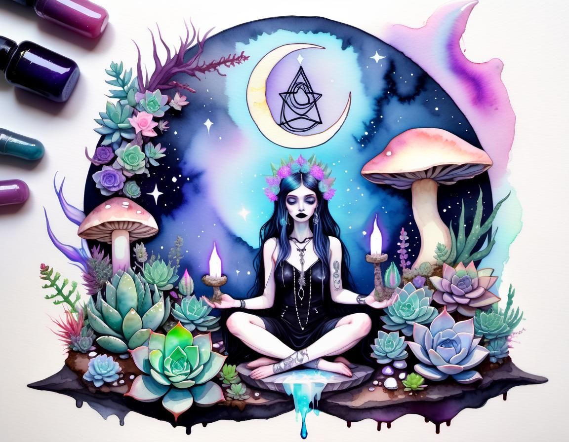Pastel Goth Goddess Altar with Succulents in Watercolor