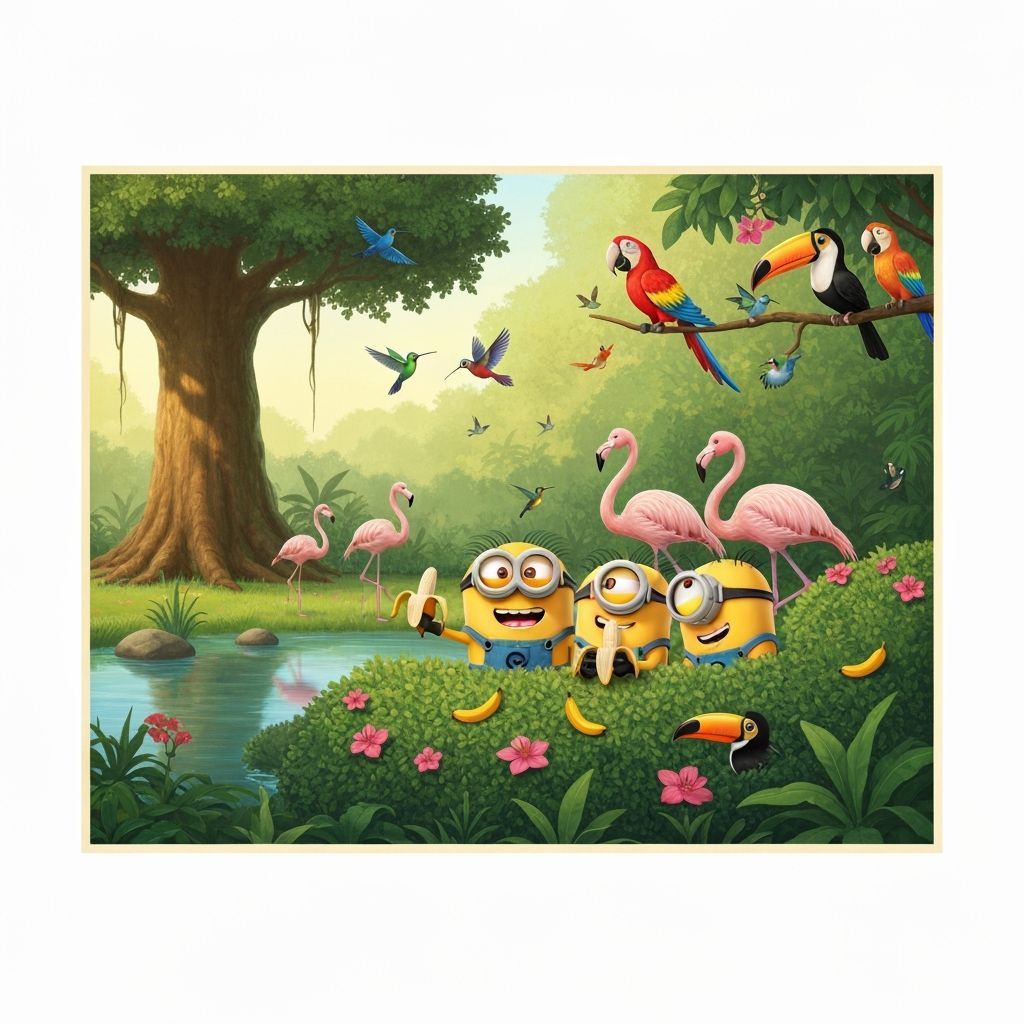 Minions Admire Jungle Birds in Pop Surrealist Style