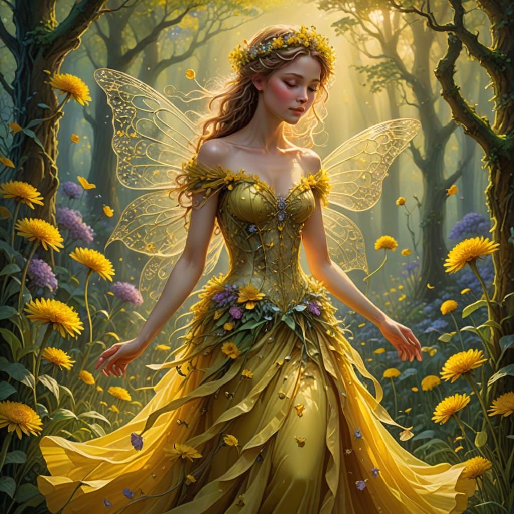 Ethereal Yellow Fairy amidst Dazzling Dandelion Gown