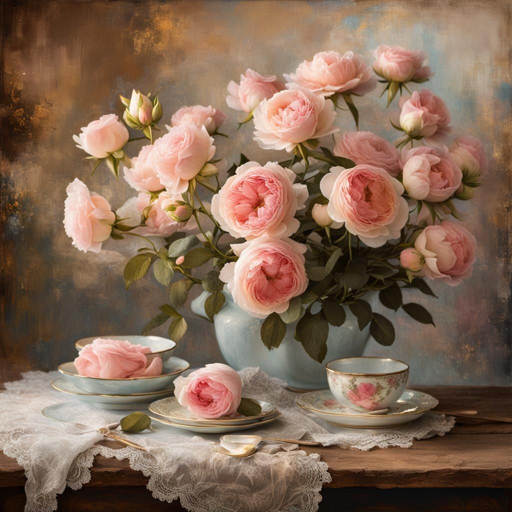 Pink English Roses Still Life in Impasto Style