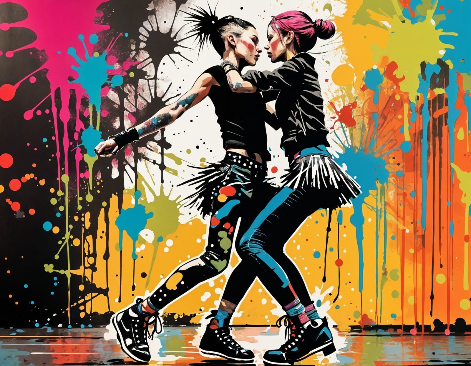 Dynamic Punk Women Dance in Graffiti Art Style