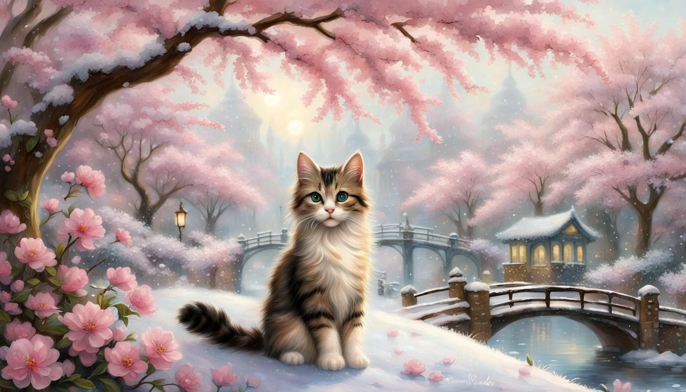Cat Bobbleheads in Snowy Cherry Blossom Garden