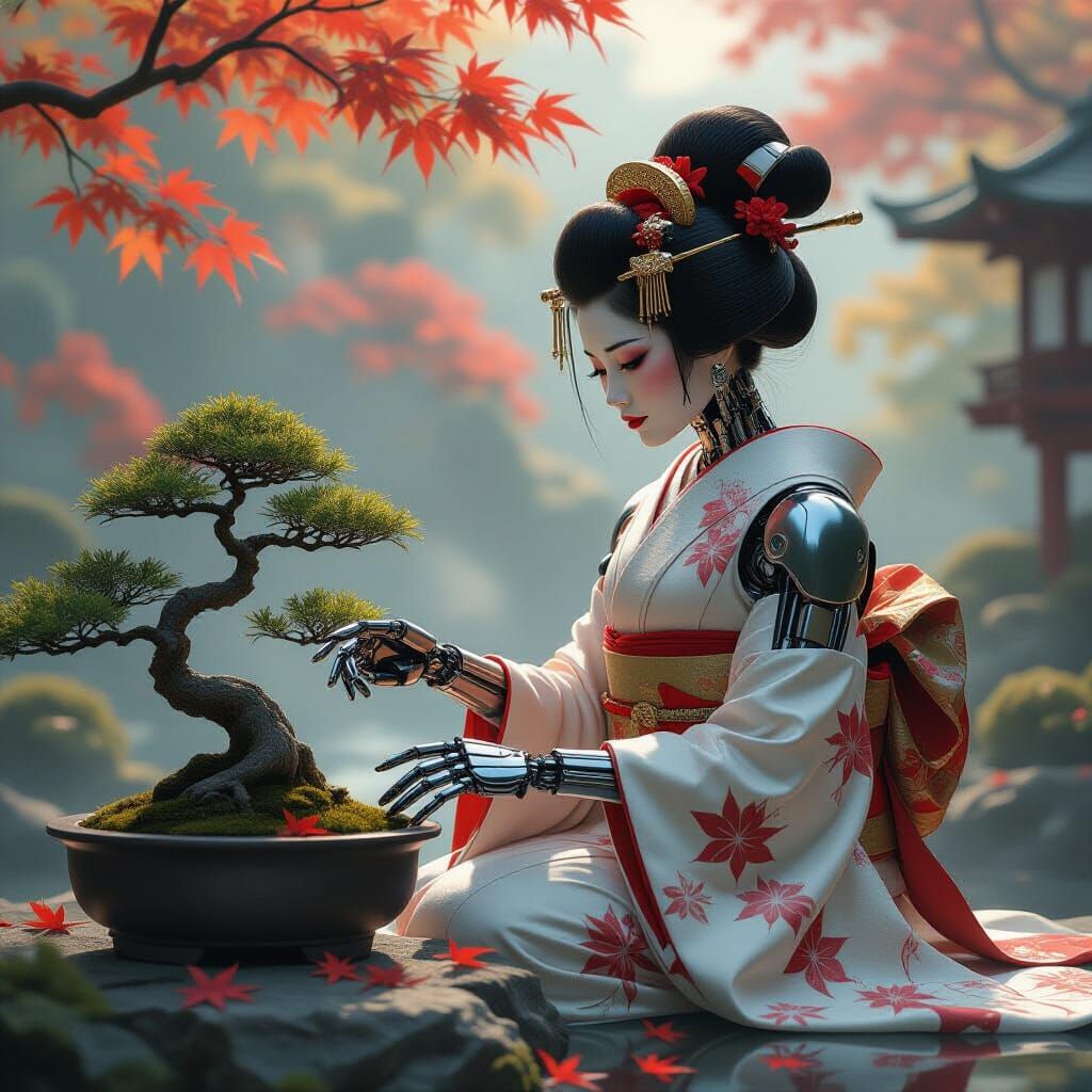 Cyborg Geisha Tends Bonsai in Autumn Garden