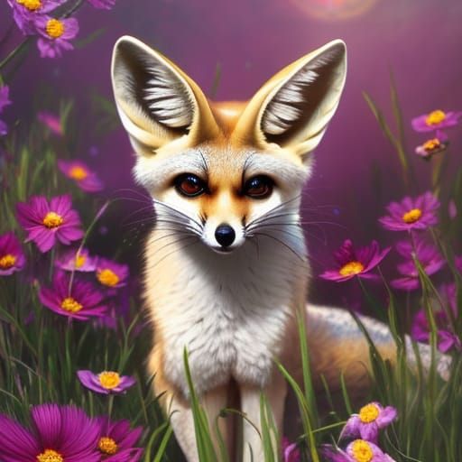 Fennec Fox with Star Eyes in Floral Portrait