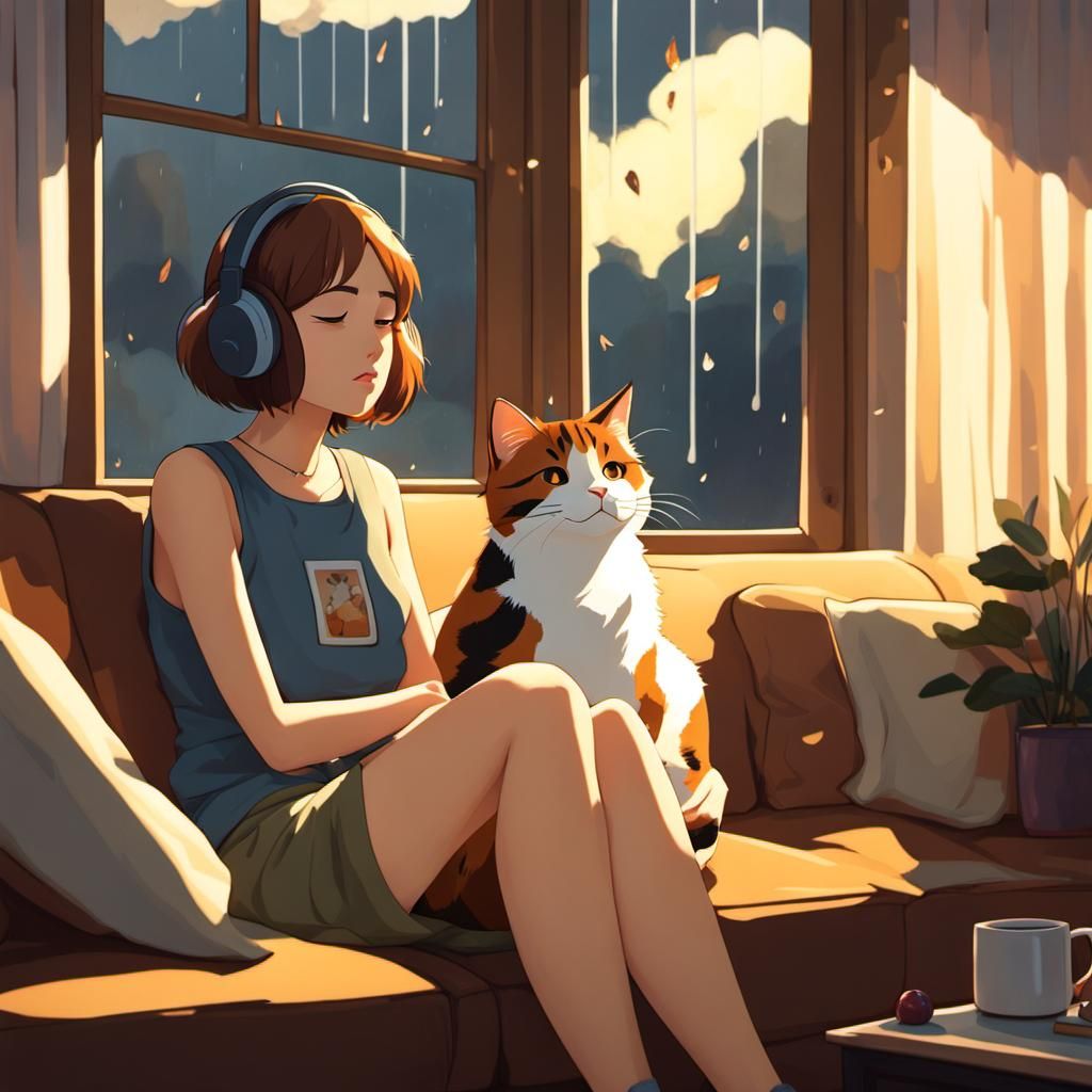 Heartbroken Girl with Cats in Anime Style