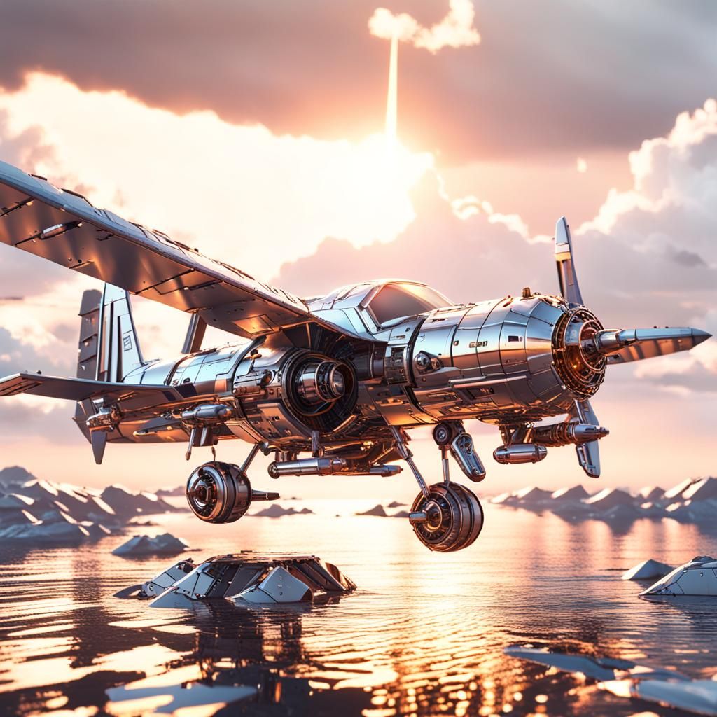 Futuristic Water Airplane Soaring at Sunset