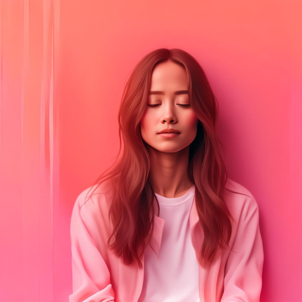 Serene Young Woman with Wavy Hair on Pink Background