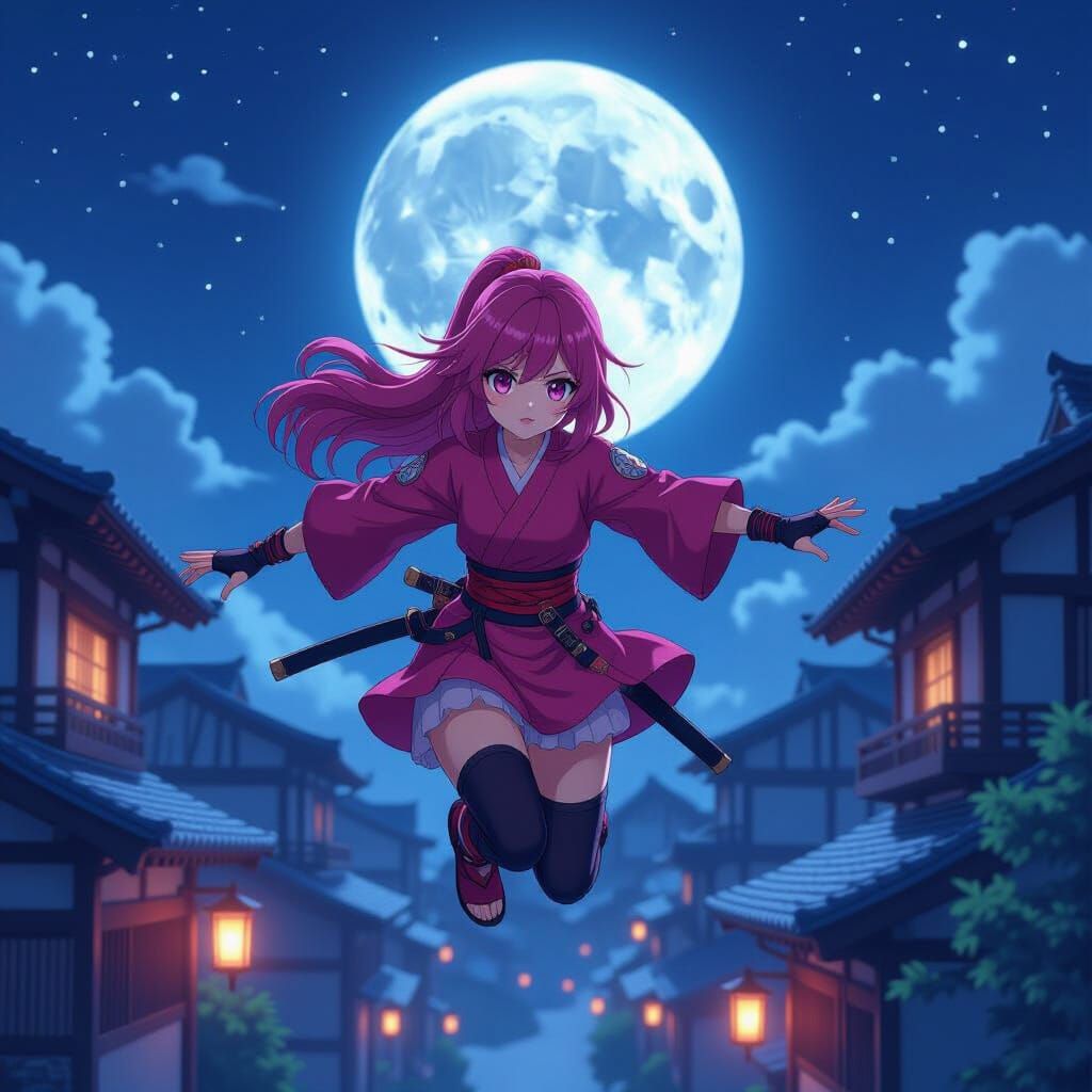 Anime Ninja Girl Leaping Over Rooftops at Night