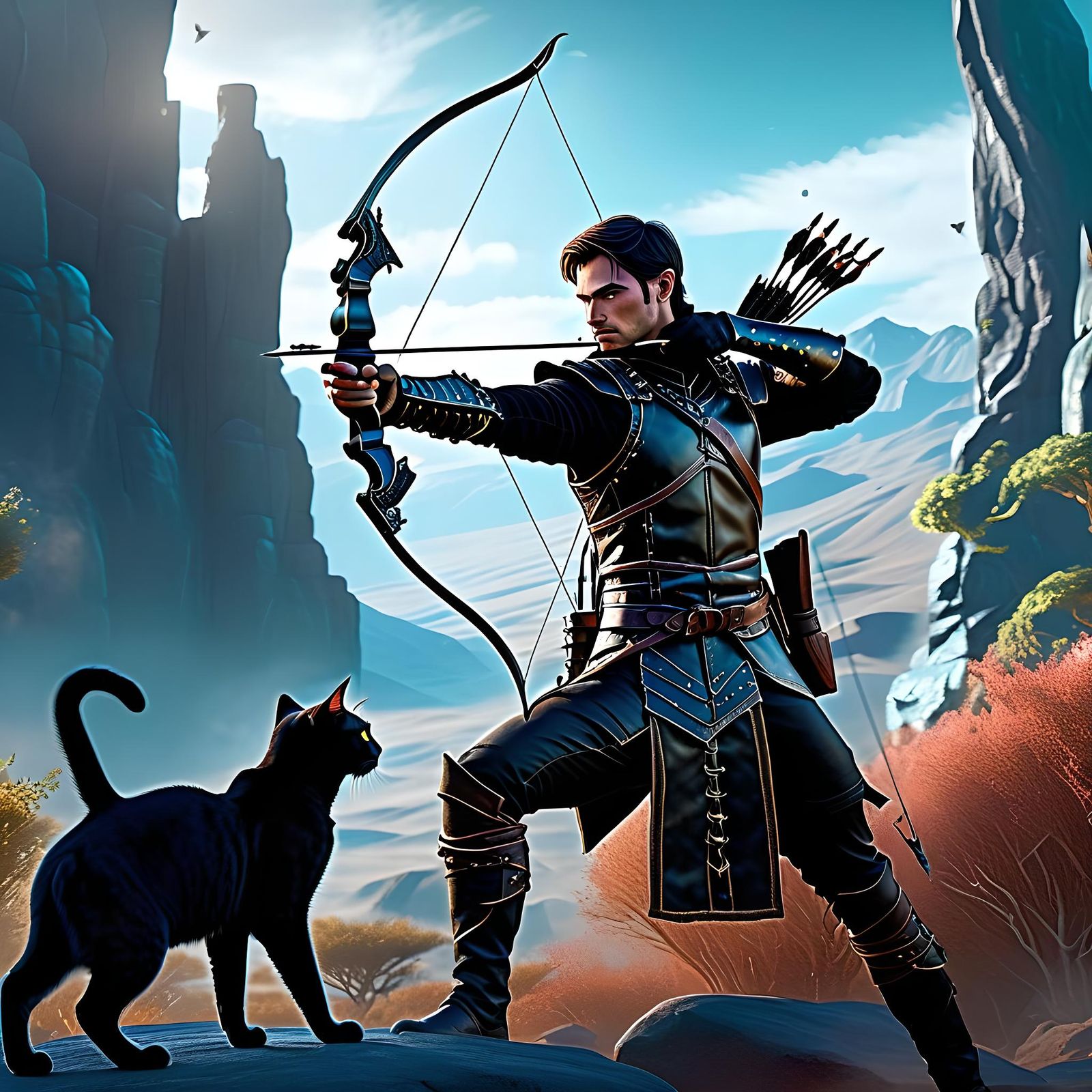 Fantasy Ranger with Black Cat Companion