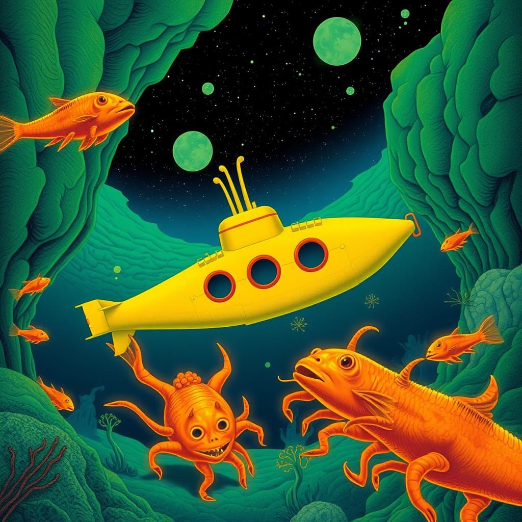 Surreal Yellow Submarine in Bioluminescent Dreamscape