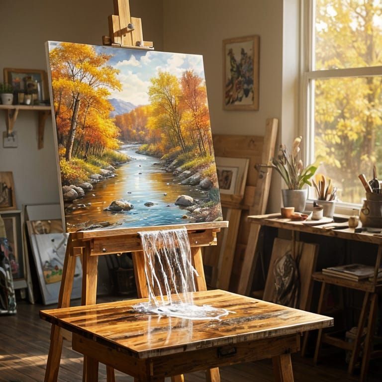 Artist Studio with Overflowing Autumn Landscape Painting