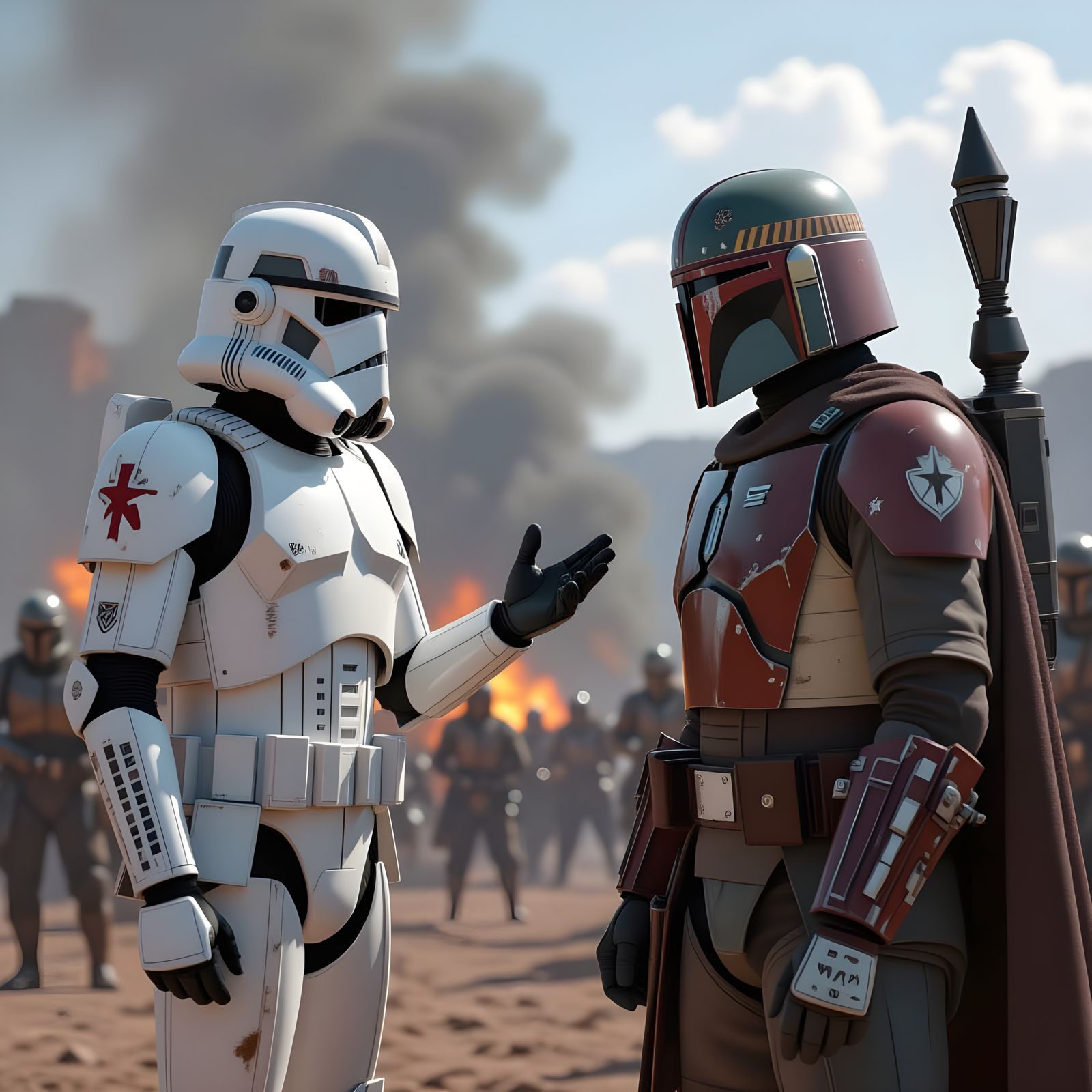 Clone Trooper Confronts Jango Fett on Geonosis Battlefield