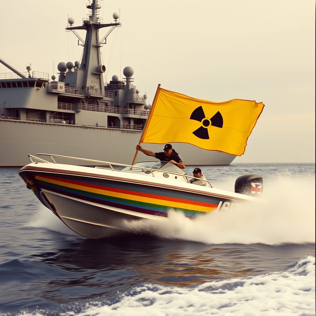 Rainbow Warrior Motorboat at Sea in Film Style