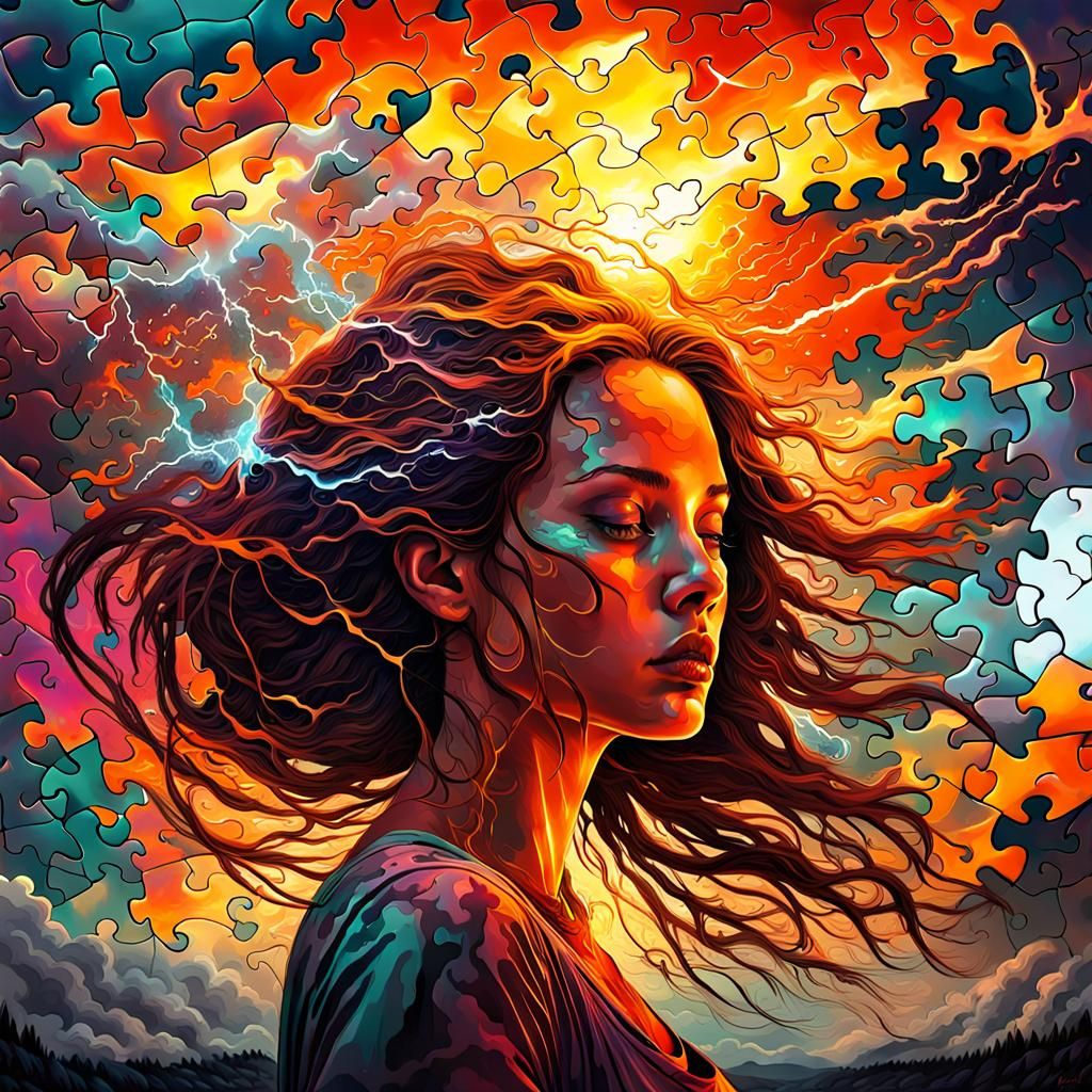 Colorful Puzzle of a Girl in Psychedelic Splash Art