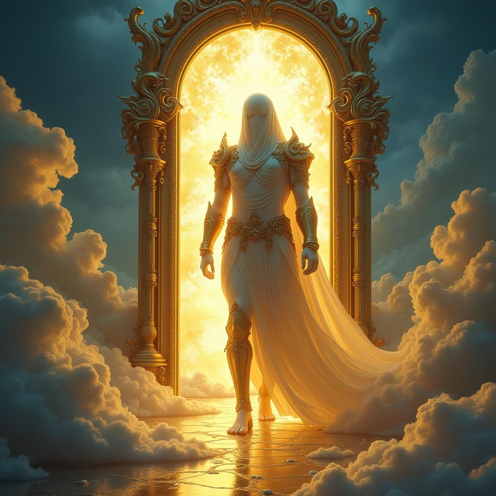 Armored Figure Ascending into Ethereal Realm