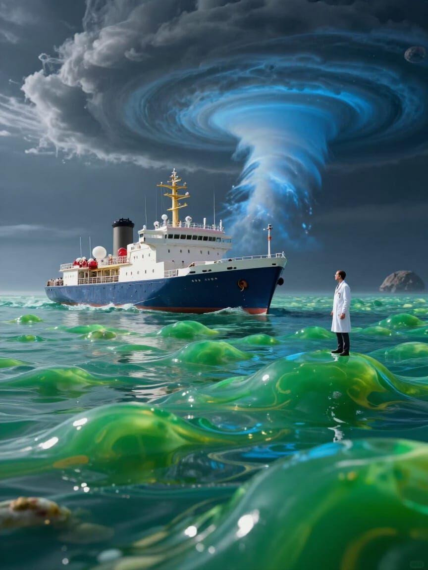 Alien Planet Research Ship Amidst Blue Typhoon