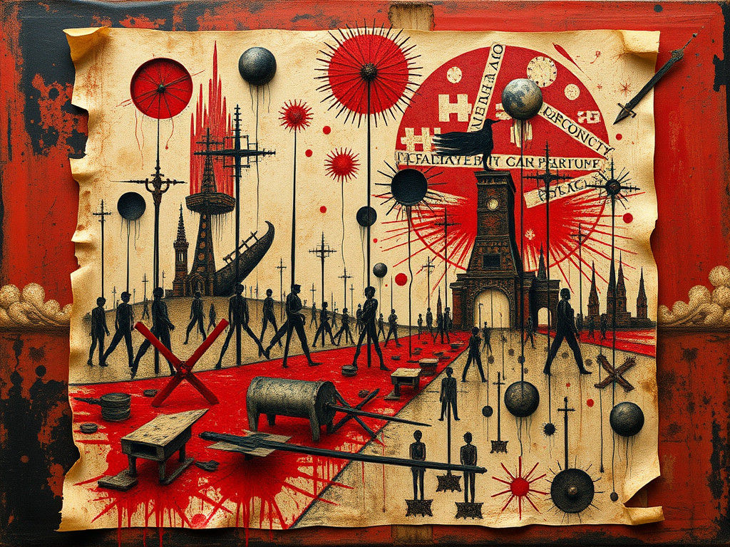 Surreal Red Battlefield: Acrylic Painting with Found Objects