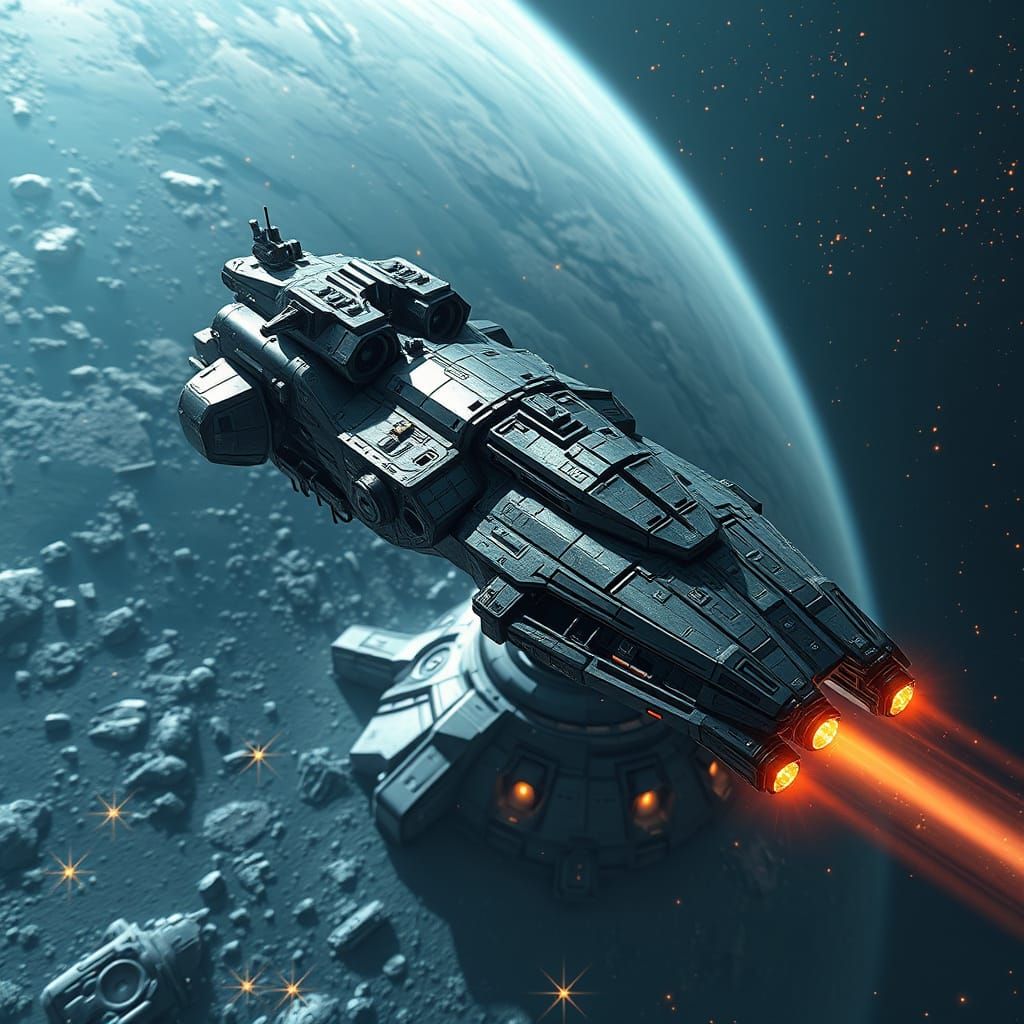 Gigantic Sci-Fi Battleship on a Starry Space Station