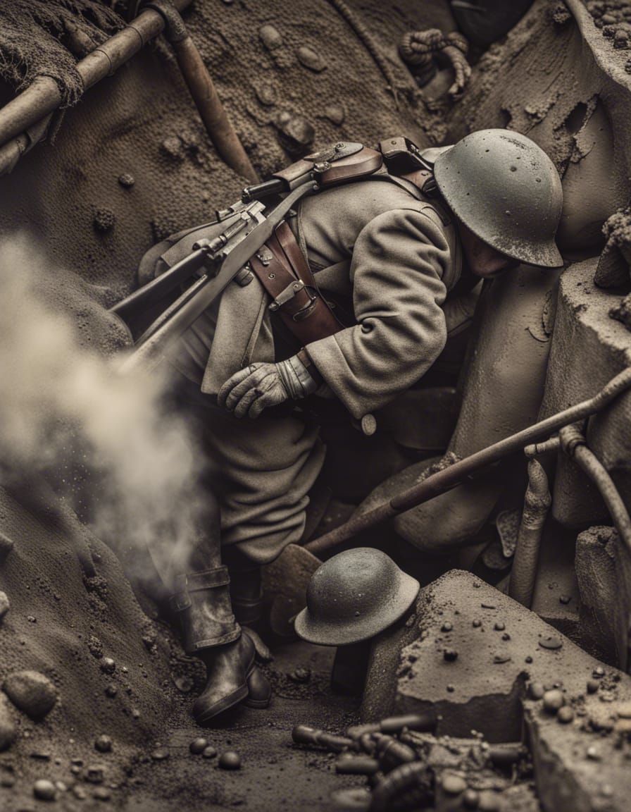 WWI Dystopian Photograph of Soldier in Trench