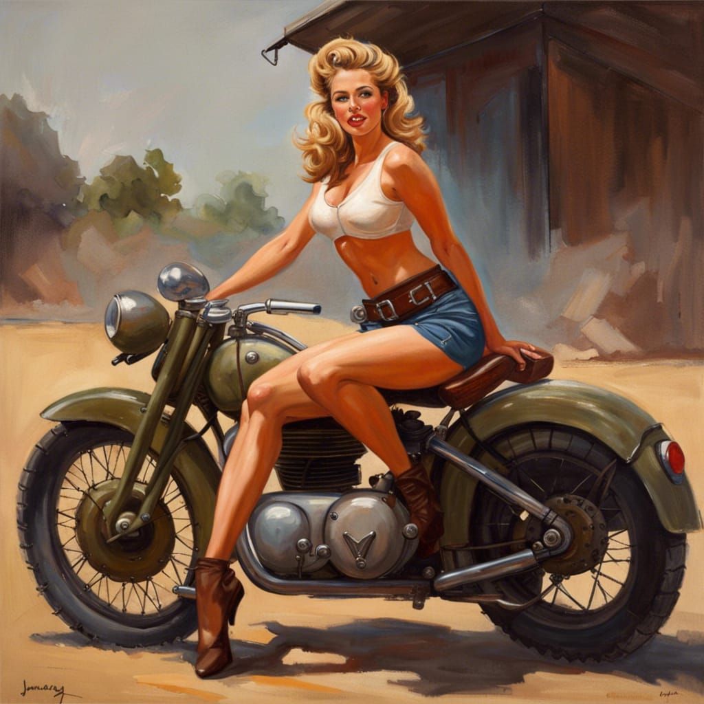 Pinup girl posing on ww2 motorcycle