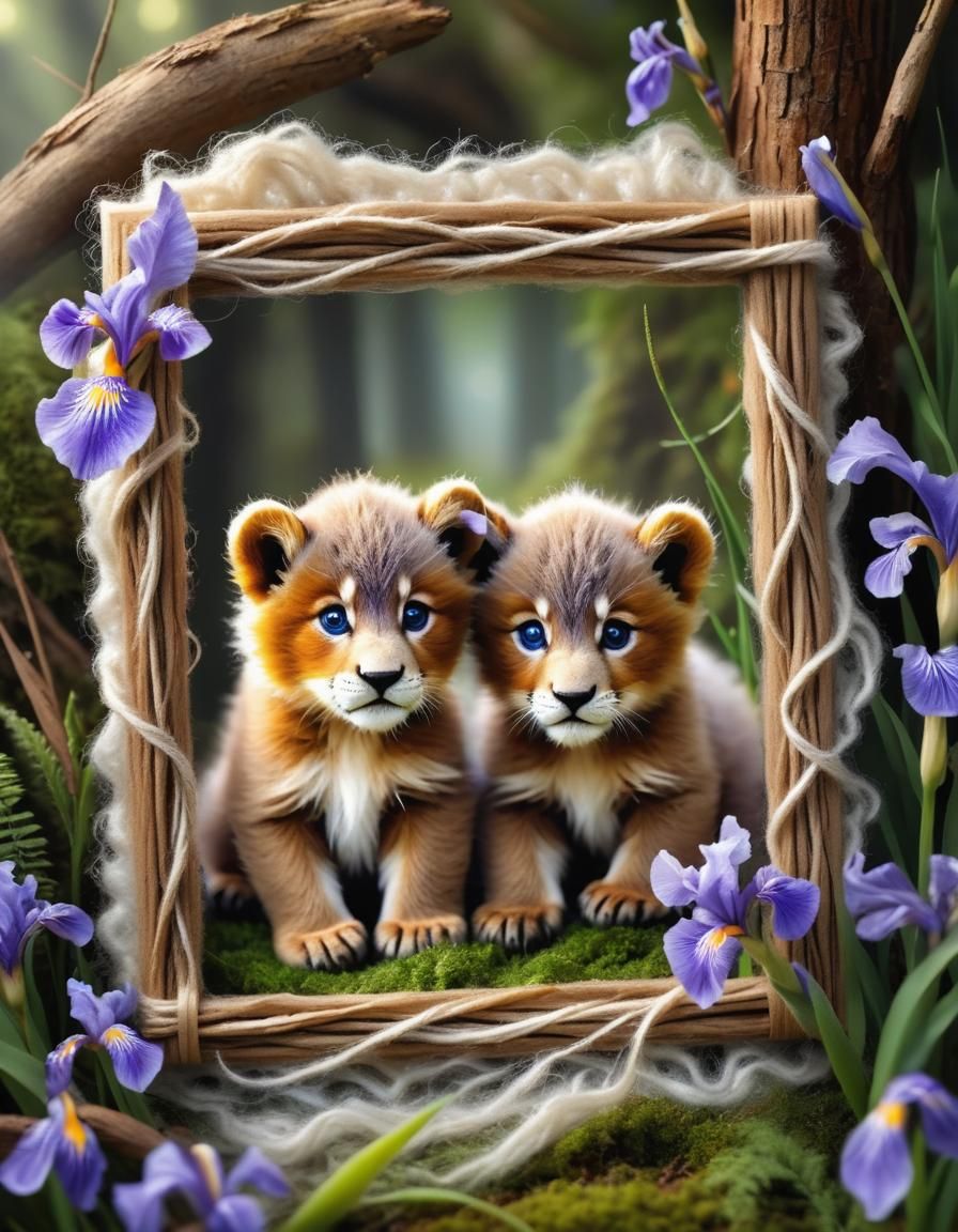 Photorealistic  furry cute cubs inside magic postage frame m...
