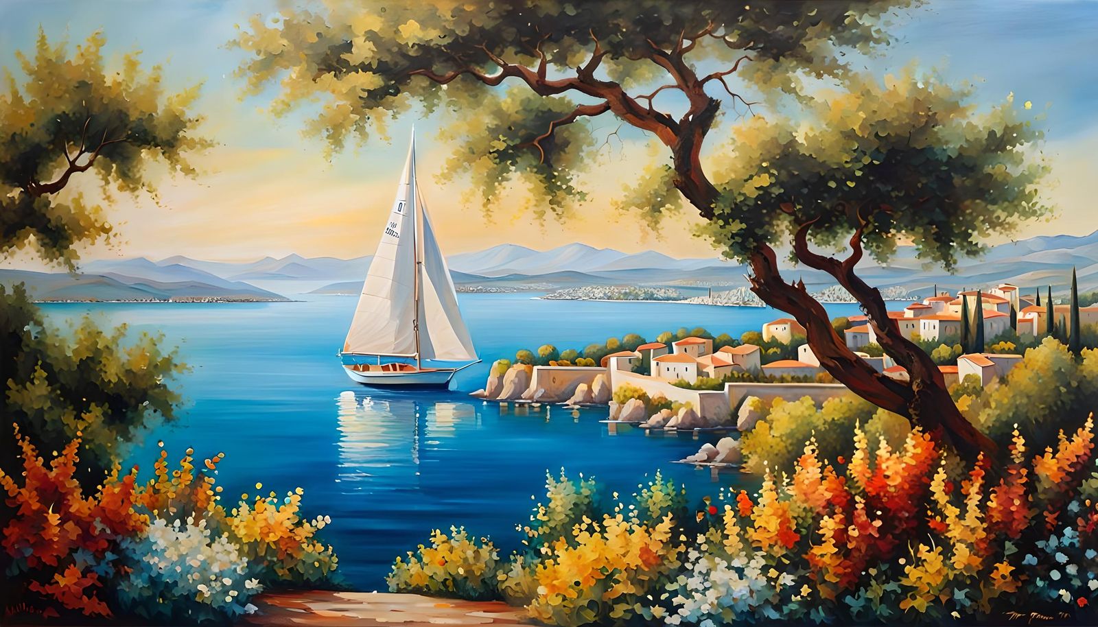 Mediterranean Sailboat Painting: Summer Landscape