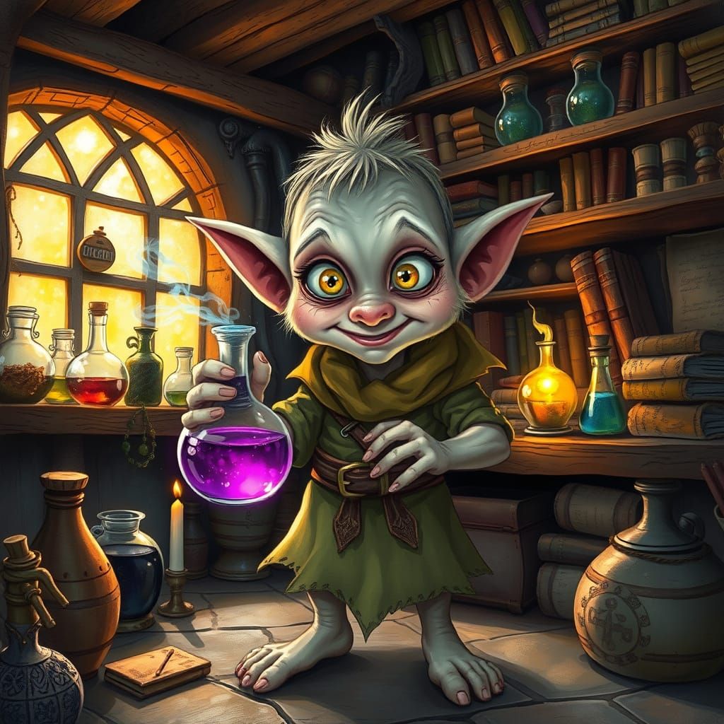Whimsical Goblin Alchemist with Glowing Potion