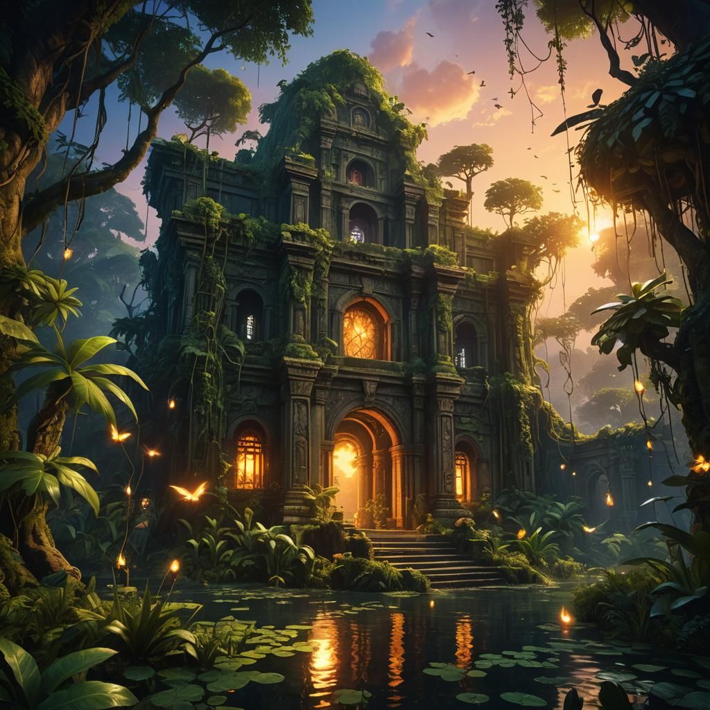 Mystical Jungle Oasis with Glowing Flora, Digital Art
