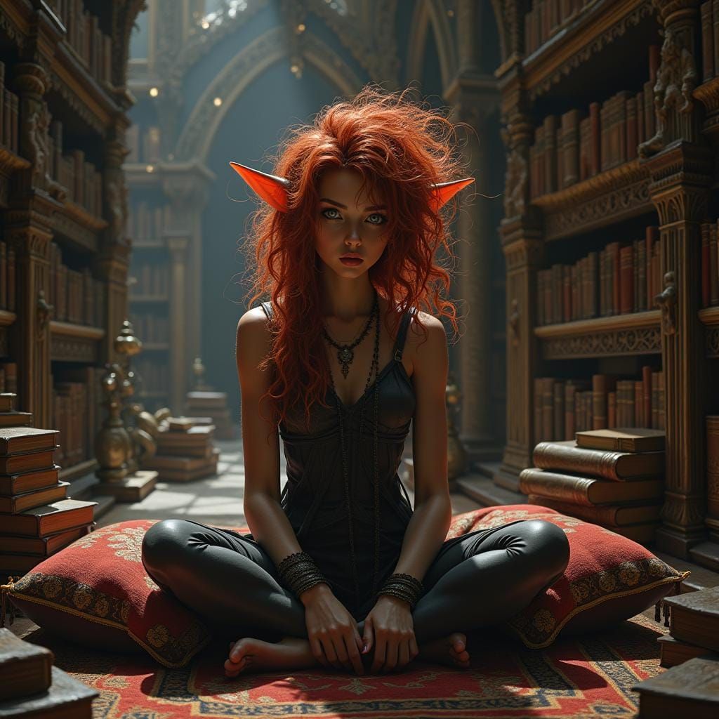 Halfling with Red Hair in Library, Detailed Matte Painting