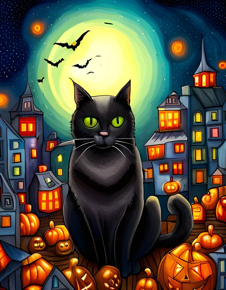 Happy Halloween Cat in Cubist Aquarelle Style