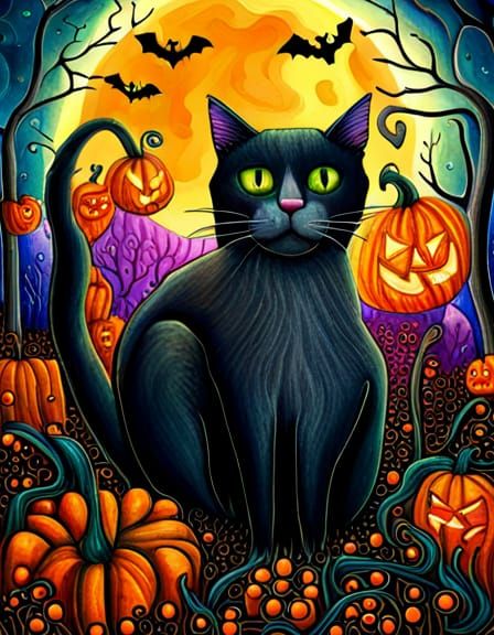 Happy Halloween Black Cat in Cubist Aquarelle Style
