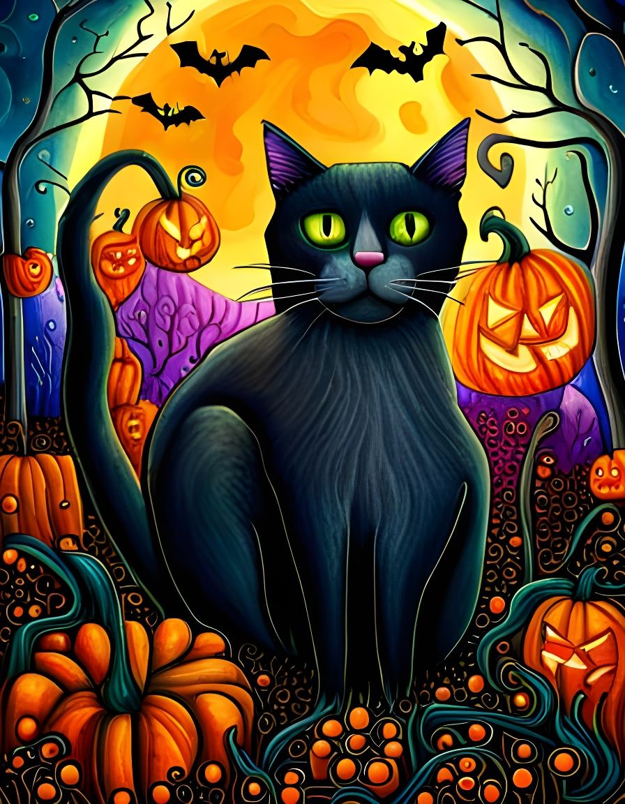 Halloween Black Cat in Cubist Watercolor Style