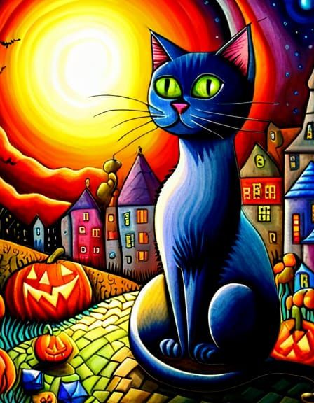 Halloween Cat in Cubist Watercolor Style