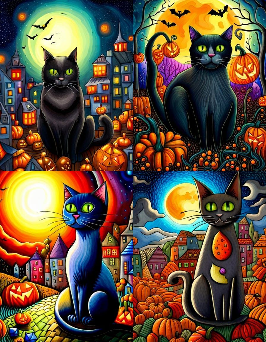 Halloween Black Cat Cubist Watercolor Painting