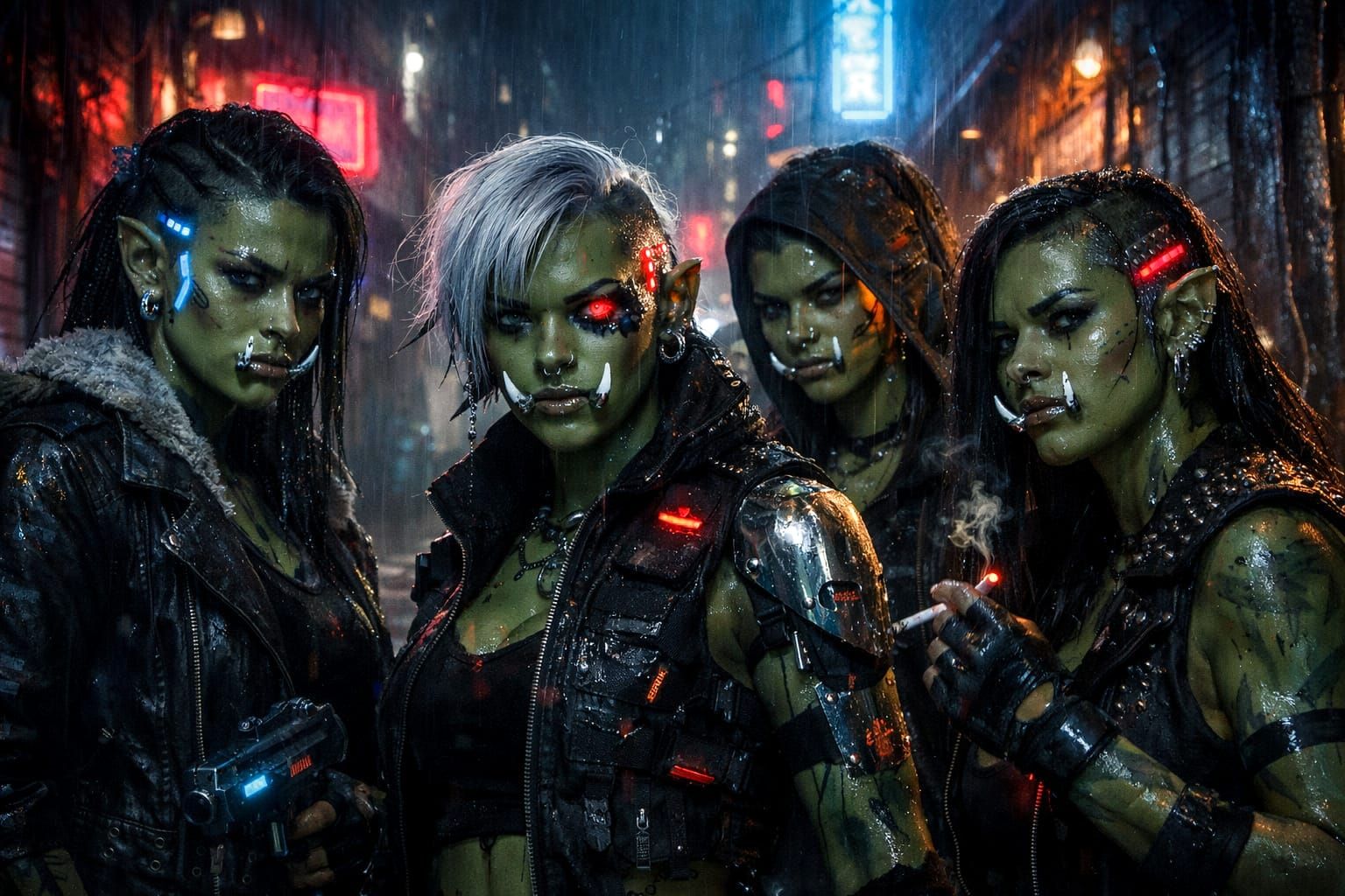 Cyberpunk Orc Gang in Neon Alley